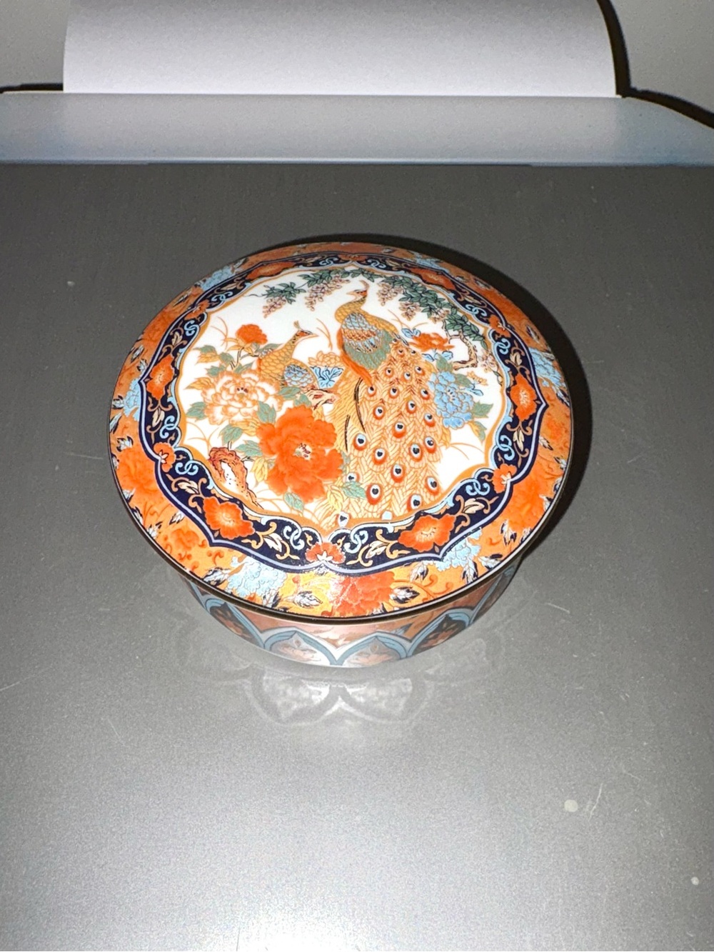 Porcelain Peacock Trinket Box in Orange and Blue